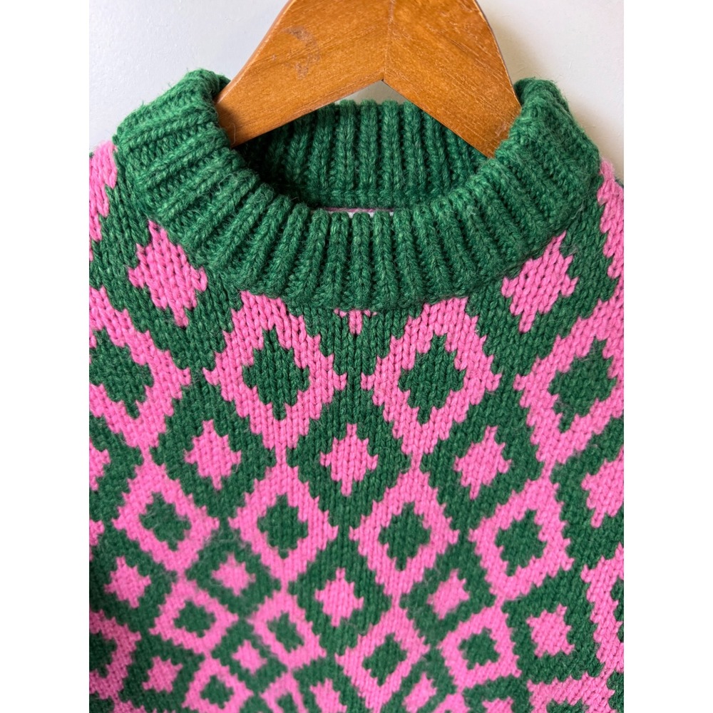 Jakke AMMA Recycled Green Pink Diamond Argyle Mock Neck Knit Sweater Size 2 - Picture 4 of 9